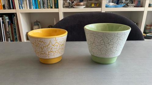2x ADCO bloempotjes met craquelé; groen en geel; 8,5 & 10 cm, Huis en Inrichting, Woonaccessoires | Overige, Gebruikt, Ophalen of Verzenden
