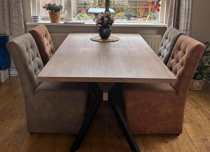 5 Square eetkamerstoelen (2x cognac, 2x taupe, 1x antraciet), Huis en Inrichting, Stoelen, Gebruikt, Ophalen