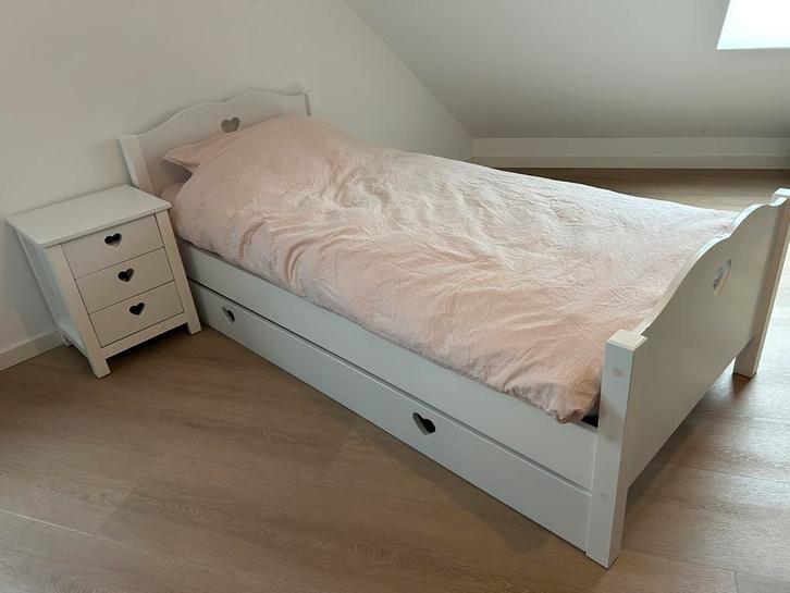 1-persoonsbed met uitschuifbed, nachtkastje en lattenbodem, Huis en Inrichting, Slaapkamer | Bedden, Gebruikt, Eenpersoons, 90 cm