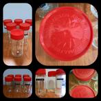 Vintage glazen voorraad potten met rode deksels, AH, Gebruikt, Ophalen of Verzenden