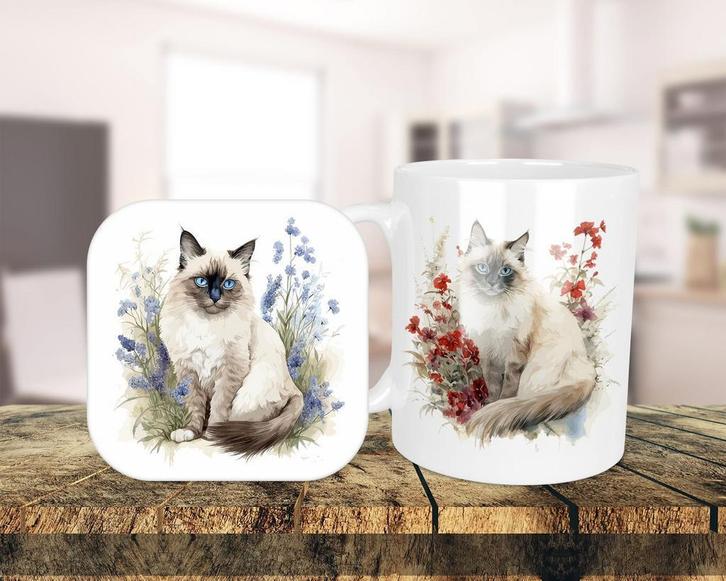 Heilige Birmaan Aquarel Set onderzetter + mok, Huis en Inrichting, Keuken | Servies, Nieuw, Kop(pen) en/of Schotel(s), Overige stijlen