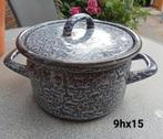 Brocante, vintage grijs gewolkte emaille pan met deksel, Ophalen of Verzenden