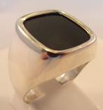 Massief zilveren HEREN zegelring met zwarte Onyx, pinkring, 18 tot 19, Gebruikt, Verzenden, Zwart