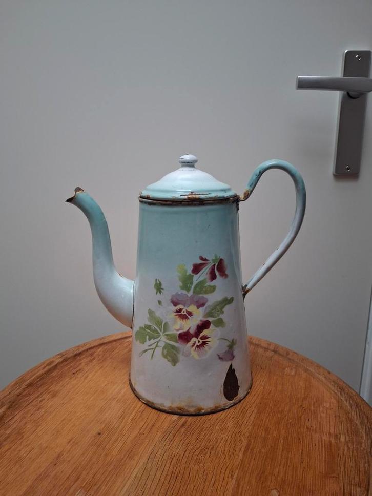 Vintage Emaille Koffiepot Cafetière met vioolen, Antiek en Kunst, Antiek | Emaille, Ophalen of Verzenden