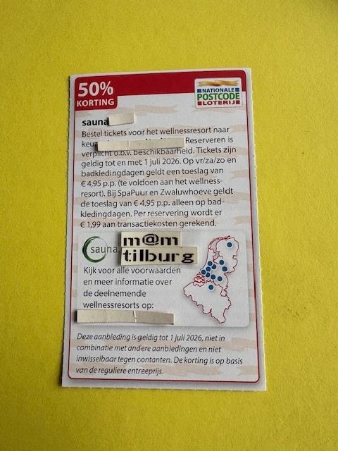 Sauna 50% korting, Tickets en Kaartjes, Kortingen en Cadeaubonnen, Drie personen of meer, Spa of Sauna, Kortingsbon