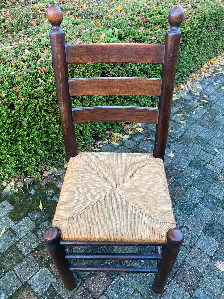 4 Massieve Eiken Eetkamerstoelen met Riet, Huis en Inrichting, Stoelen, Gebruikt, Vier, Hout, Bruin, Ophalen of Verzenden