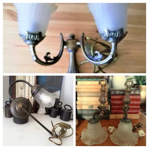 Antieke oude wandlamp koper messing geschulpte glazen kap, Antiek en Kunst, Curiosa en Brocante, Ophalen of Verzenden
