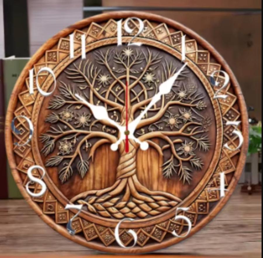 Ronde wandklok van hout analoge Levensboom knoop (25cm), Ophalen of Verzenden, Nieuw, Wandklok