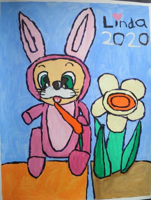 Schilderij konijn met bloem 20, Antiek en Kunst, Kunst | Schilderijen | Modern, Ophalen of Verzenden