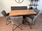 Eetkamer set, mango tafel, eetbank, 4 stoelen, taupe/bruin, Huis en Inrichting, Tafels | Eettafels, Ophalen, Gebruikt, 50 tot 100 cm