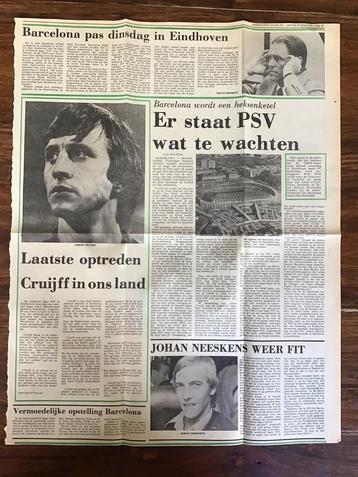 Voetbal krantenartikel PSV Barcelona Cruijff maart 1978 beschikbaar voor biedingen