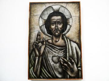 Opaline gebrandschilderd glazen icoon met Jezus Heilig Hart beschikbaar voor biedingen