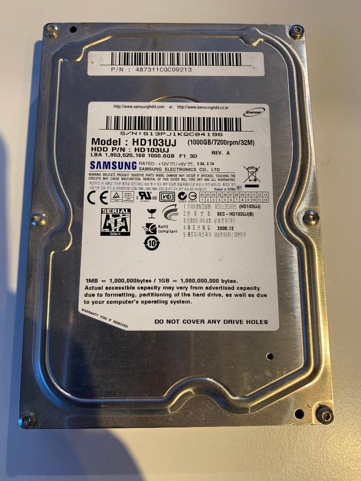 Samsung Spinpoint F1 HD103UJ 1TB HDD S13PJ1KQC04196, Computers en Software, Harde schijven, Gebruikt, Desktop, Ophalen of Verzenden