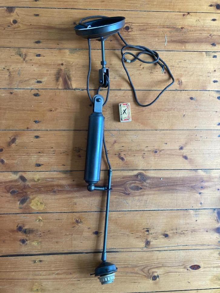 Koper brons hanglamp katrol pompcilinder armatuur aan touw, Huis en Inrichting, Lampen | Hanglampen, Gebruikt, Ophalen of Verzenden