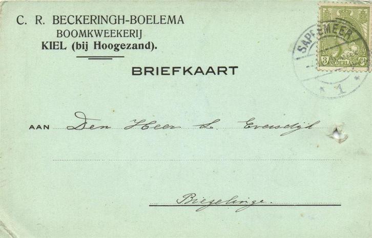 C.R. Beckeringh-Boelema, Kiel [bij Hoogezand] - 11.1906? - b, Postzegels en Munten, Brieven en Enveloppen | Nederland, Briefkaart