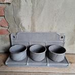Oud brocante emaille rekje met 3 potjes grijs *Etage3*, Gebruikt, ., Ophalen of Verzenden, .