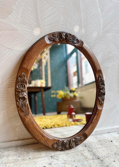 Vintage ovale spiegel met houten lijst bloemen, Antiek en Kunst, Antiek | Spiegels, Minder dan 50 cm, Minder dan 100 cm, Ovaal