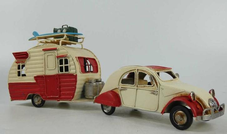 Blikken Citroën 2c met caravan - lelijke eend - oldtimer, Huis en Inrichting, Woonaccessoires | Overige, Nieuw, Ophalen of Verzenden