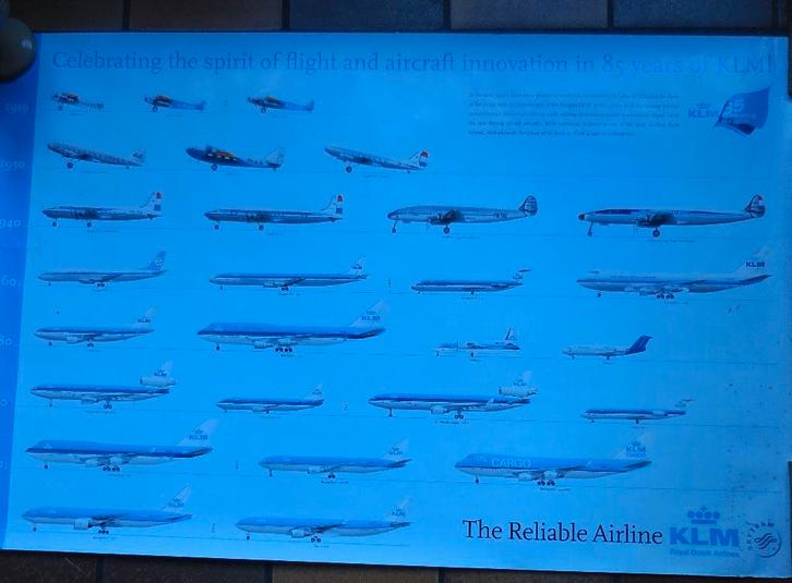Poster KLM 85 jaar, Verzamelen, Luchtvaart en Vliegtuigspotten, Gebruikt, Kaart, Foto of Prent, Ophalen