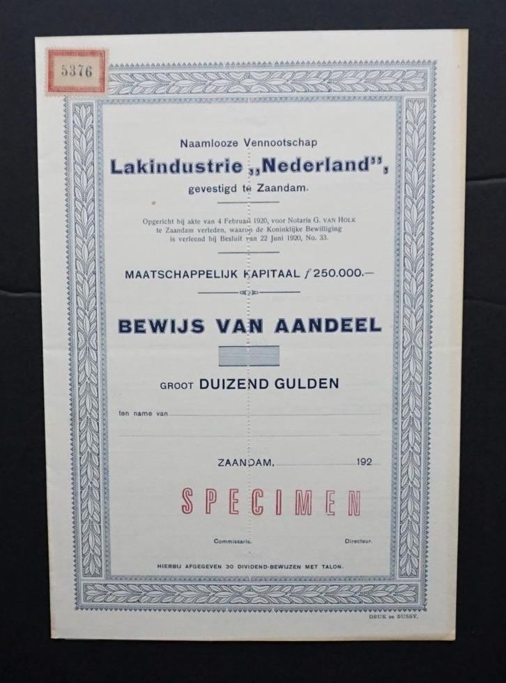 Lakindustrie Nederland (LIN) - Zaandam 1920, Postzegels en Munten, Aandelen en Waardepapieren, Aandeel, 1920 tot 1950, Verzenden