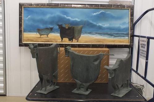 3 bronzen beelden met schilderij., Antiek en Kunst, Kunst | Beelden en Houtsnijwerken, Ophalen