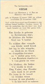 Pas Keesje 1960 Haaren 1960 Haaren, Ophalen of Verzenden, Bidprentje