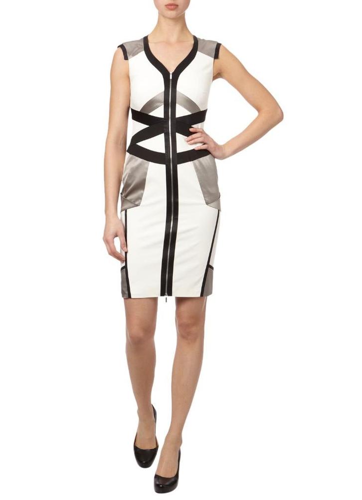 Karen Millen grafische satijnen rits jurk - S, Kleding | Dames, Jurken, Nieuw, Maat 36 (S), Wit, Boven de knie, Ophalen of Verzenden