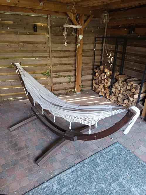 Hangmat met massief houten standaard, Tuin en Terras, Hangmatten, Gebruikt, Meerpersoons, Met standaard, Buiten, Ophalen
