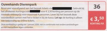 Ouwehands Dierenpark Rhenen. € 3,50 korting p.p. Postcode 36 beschikbaar voor biedingen