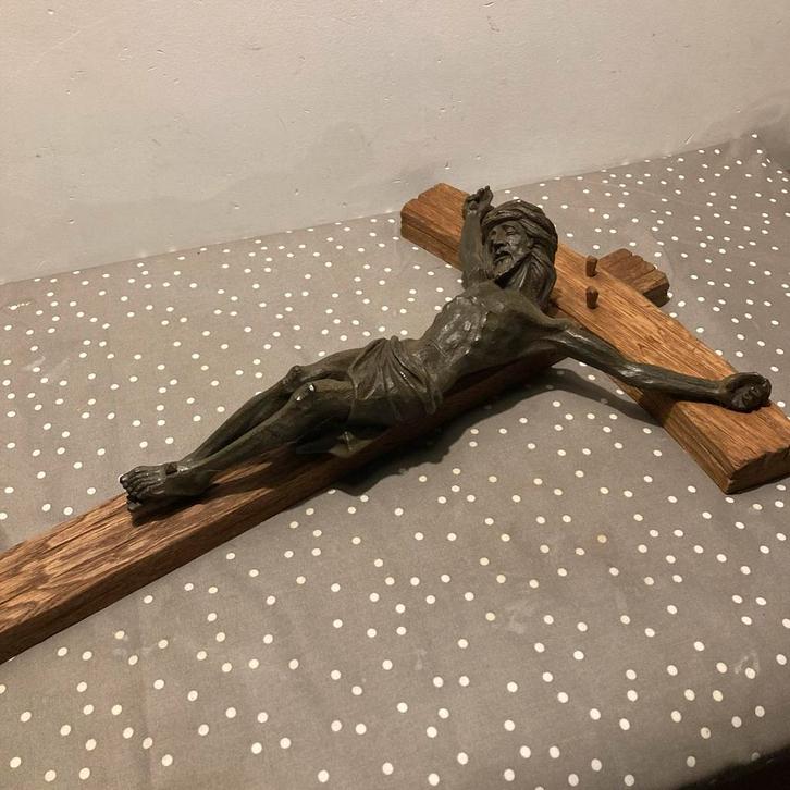 Groot Jezus Kruis Houtsnijwerk 60x37cm Wandkruis Antiek Look, Antiek en Kunst, Antiek | Religie, Ophalen of Verzenden