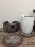 Houten onderzetters in houder 6st hout stoer sober landelijk, Verzenden, Nieuw, Glas of Kopje