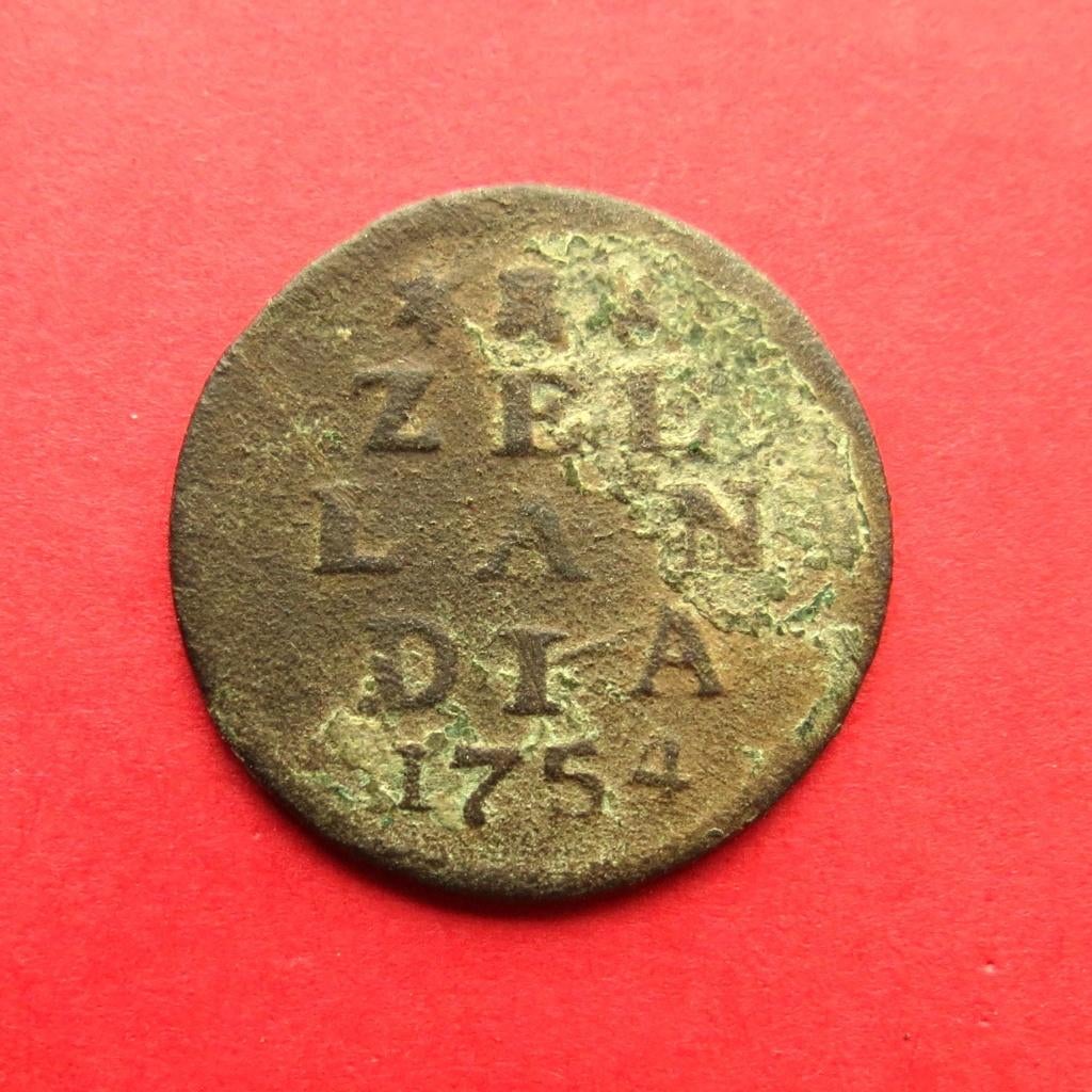 Duit Zeeland 1754 Zeeland Nieuwe wapen kleine cijfers, Ophalen of Verzenden, Vóór koninkrijk, Overige waardes, Losse munt