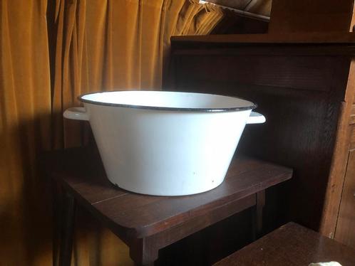 Landelijk brocante emaille ronde teil 37 cm wit +zwart rand, Antiek en Kunst, Antiek | Emaille, Ophalen of Verzenden
