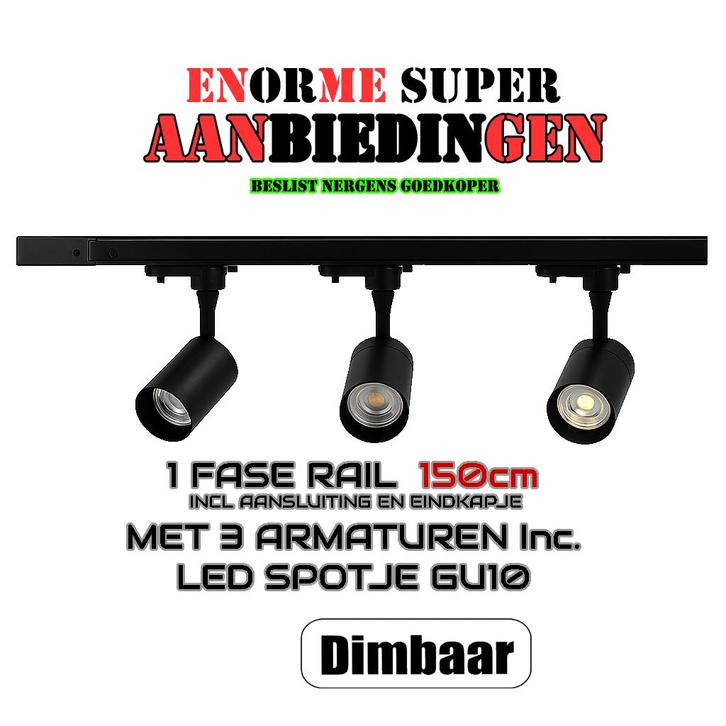 AANBIEDING COMPLETE SET-1.5 METER 1 FASE RAIL MET 3 SPOTS, Huis en Inrichting, Lampen | Spots, Nieuw, Metaal of Aluminium, Led