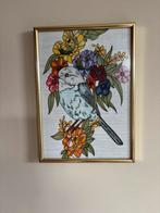 Vrolijke afbeelding van vogel en bloemen, goudkleurige lijst, Ophalen of Verzenden, Metaal of Aluminium, Minder dan 50 cm, Minder dan 50 cm