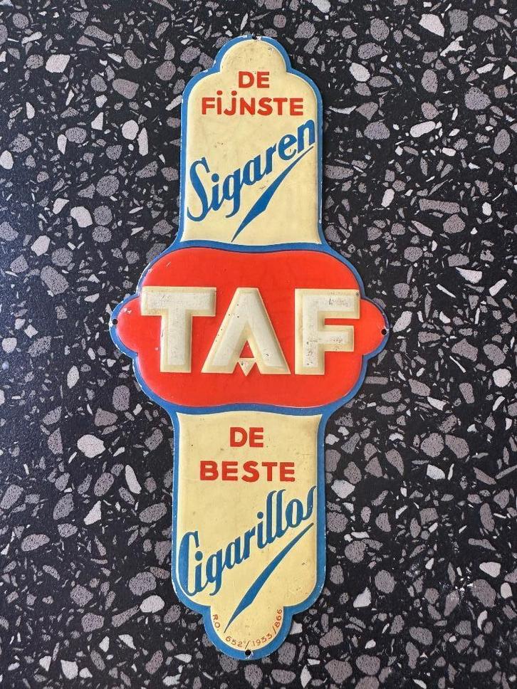 Fraai stokoud blikken TAF sigaren deurpostje. 1933, Verzamelen, Merken en Reclamevoorwerpen, Gebruikt, Reclamebord, Ophalen of Verzenden