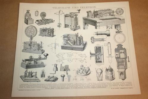 Antieke prent - Telegraaf en Telefoon - Ca 1885 !!, Verzamelen, Foto's en Prenten, Gebruikt, Voor 1940, Ophalen of Verzenden
