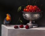 Schilderij Alfonso Moreno roodborstje en kersen op paneel., Antiek en Kunst, Kunst | Schilderijen | Klassiek, Ophalen of Verzenden