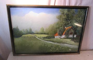 Prachtige Oude Pastelkrijt Tekening 'Boerderij en Wei' - RL beschikbaar voor biedingen