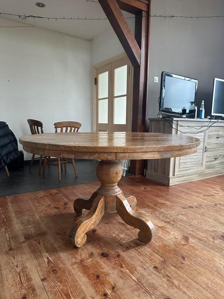 Ronde teak houten tafel massief blad, Huis en Inrichting, Tafels | Eettafels, Zo goed als nieuw, 100 tot 150 cm, 50 tot 100 cm