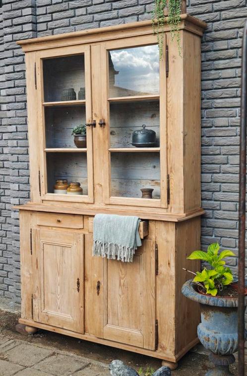 Karakteristieke oud grenen buffetkast, Huis en Inrichting, Kasten | Buffetkasten, Gebruikt, 200 cm of meer, 25 tot 50 cm, Glas