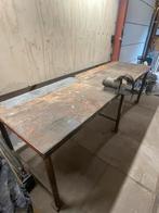 Grote Werkbank met Stalen Onderstel en Houten Blad, Doe-het-zelf en Verbouw, Werkbanken, Ophalen, Gebruikt, 170 cm of meer, Bankschroef