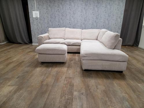 GRATIS BEZORGEN | PRACHTIG BEIGE RIBSTOF HOEKBANK, Huis en Inrichting, Banken | Bankstellen, Zo goed als nieuw, Hoekbank, Vierpersoons of meer