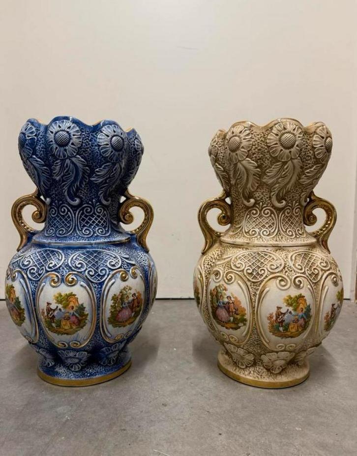 Antieke Italiaanse Vazen Set - Blauw & Beige Decoratie, Antiek en Kunst, Antiek | Vazen, Ophalen of Verzenden