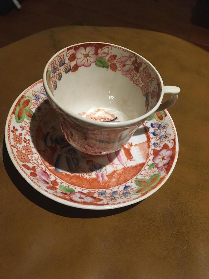 Antiek Engelse (?) porseleinen koffiekop en schotel, Verzamelen, Porselein, Kristal en Bestek, Gebruikt, Kop en/of schotel, Porselein