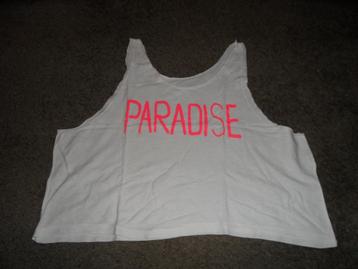 Wit, mouwloos, wijd T-shirt, met opdruk: PARADISE beschikbaar voor biedingen