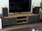 Industrieel Teakhouten Televisiemeubel met IJzeren Accenten, Huis en Inrichting, Ophalen, Gebruikt, 150 tot 200 cm, Industriëel