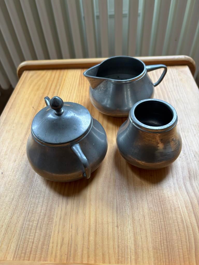 Tinnen suikerpot, melkkan en lepelpotje, Ophalen of Verzenden