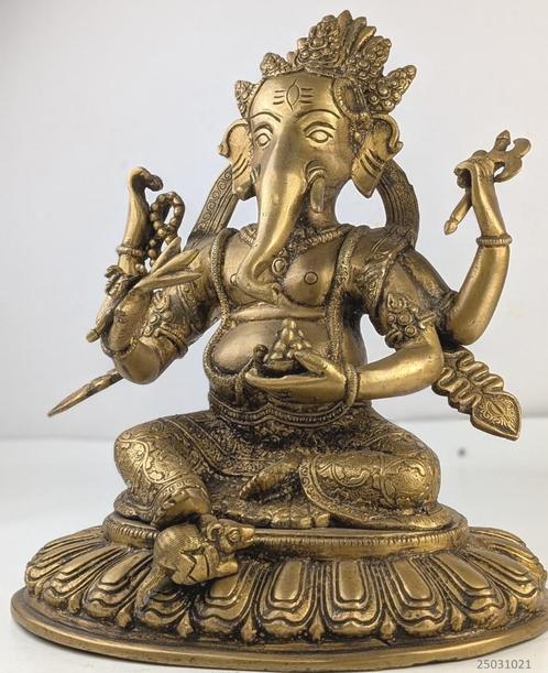 bronzen standbeeld Ganesha met 4 armen op troon, Antiek en Kunst, Kunst | Niet-Westerse kunst, Ophalen of Verzenden