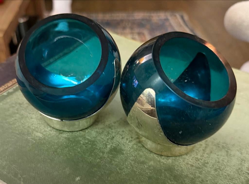 Set van 2 waxinelichthouders, Overige materialen, Gebruikt, Blauw, Ophalen of Verzenden